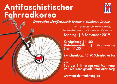 Antifaschistischer Fahrrad-Korso entlang an Orten von Verfolgung und Widerstand 1933-1945 | Im Andenken an Heinz Kapelle, hingerichtet am 1. Juli 1941 in Plötzensee, weil er im September 1939 Flugblätter gegen den Krieg verbreitete.
